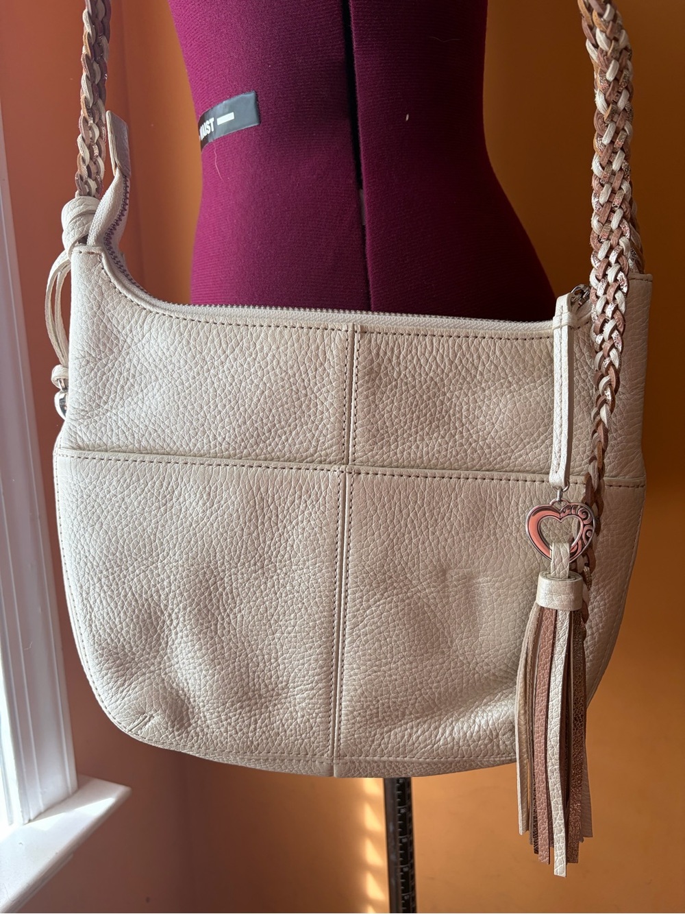 Brighton Women's Beige Leather Crossbody Bag with Tassel Accent